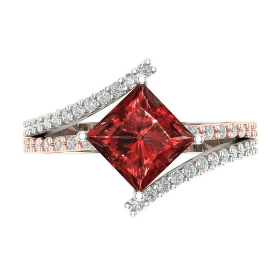 2.3075 ct Princess Cut Natural Garnet Solitaire with Simulated Diamond Accents 14K White/Rose Gold Womens Engagement Ring
