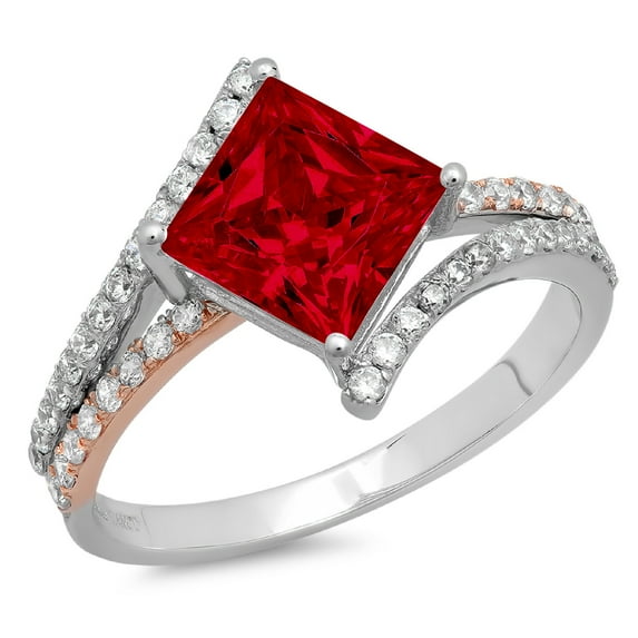 2.3075 ct Princess Cut Natural Garnet Solitaire with Simulated Diamond Accents 18K White/Rose Gold Womens Engagement Ring