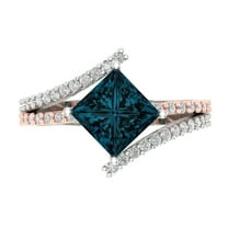 2.3075 ct Princess Cut Natural London Blue Topaz Solitaire with Simulated Diamond Accents 18K White/Rose Gold Womens Engagement Ring