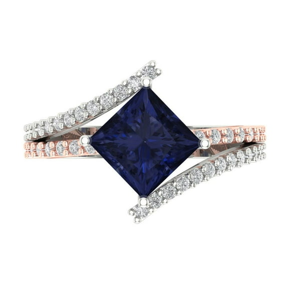 2.3075 ct Princess Cut Simulated Blue Sapphire Solitaire with Simulated Diamond Accents 18K White/Rose Gold Womens Engagement Ring