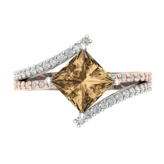 2.3075 ct Princess Cut Simulated Champagne Diamond Solitaire with Simulated Diamond Accents 14K White/Rose Gold Womens Engagement Ring