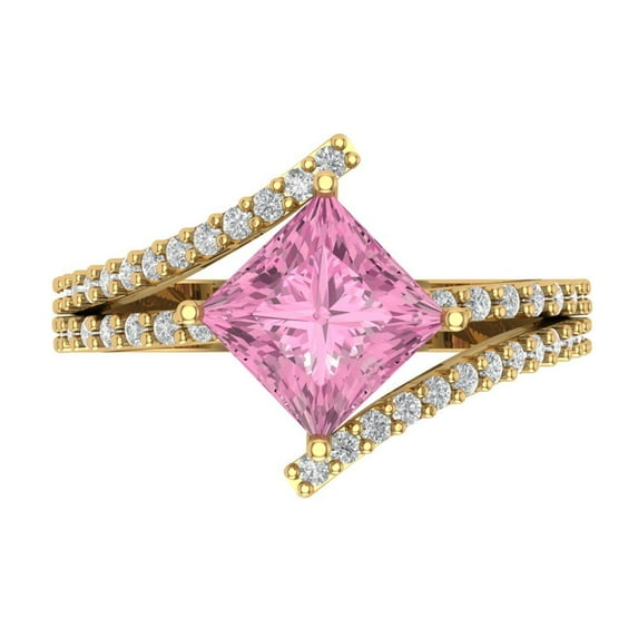 2.3075 ct Princess Cut Simulated Pink Diamond Solitaire with Simulated Diamond Accents 18K Yellow Gold Womens Engagement Ring