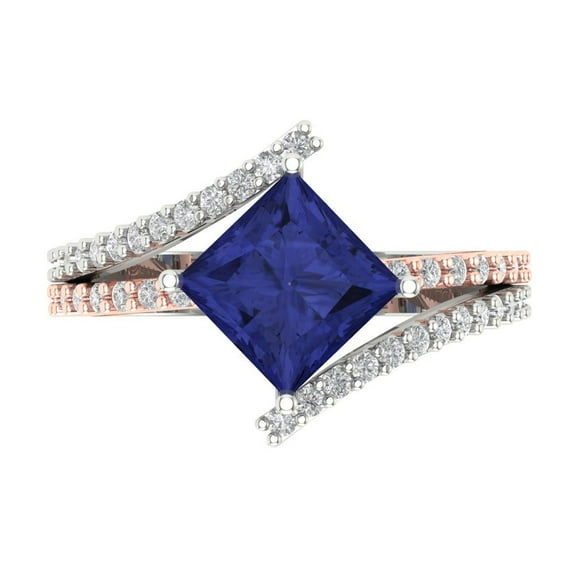 2.3075 ct Princess Cut Simulated Tanzanite Solitaire with Simulated Diamond Accents 18K White/Rose Gold Womens Engagement Ring