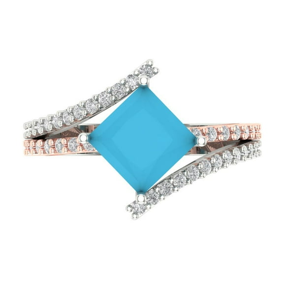 2.3075 ct Princess Cut Simulated Turquoise Solitaire with Simulated Diamond Accents 14K White/Rose Gold Womens Engagement Ring