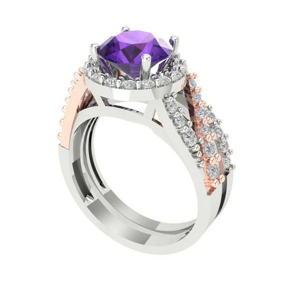 2.32 ct Brilliant Round Cut Natural Amethyst 18K White/Rose Gold Halo Solitaire with Accents Engagement Bridal Wedding Ring Band Set size 4