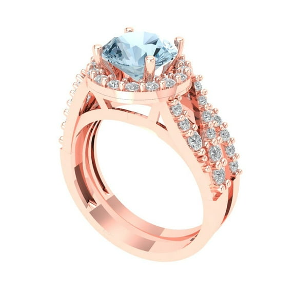 2.32 ct Brilliant Round Cut Natural Aquamarine 14K Rose Gold Halo Solitaire with Accents Engagement Bridal Wedding Ring Band Set size 10.25