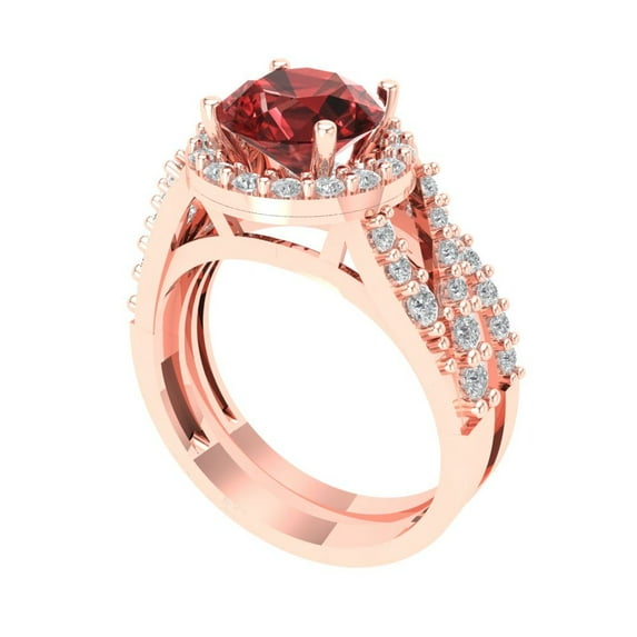 2.32 ct Brilliant Round Cut Natural Garnet 18K Rose Gold Halo Solitaire with Accents Engagement Bridal Wedding Ring Band Set size 8.75