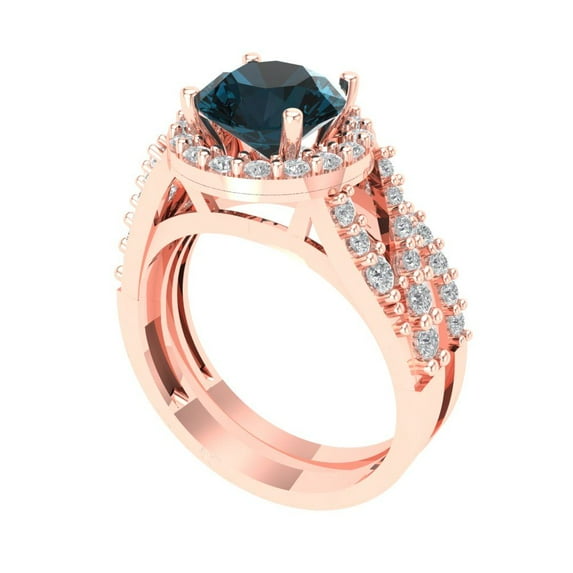 2.32 ct Brilliant Round Cut Natural London Blue Topaz 14K Rose Gold Halo Solitaire with Accents Engagement Bridal Wedding Ring Band Set size 11
