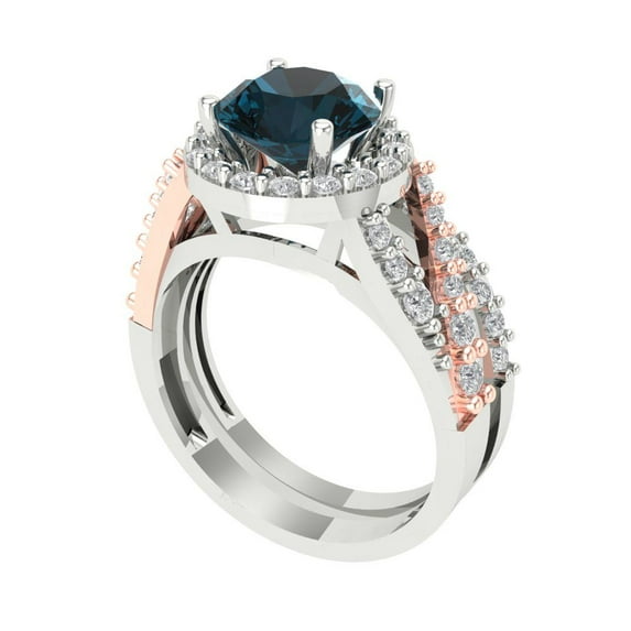 2.32 ct Brilliant Round Cut Natural London Blue Topaz 14k White/Rose Gold Halo Solitaire with Accents Engagement Bridal Wedding Ring Band Set size 7.25