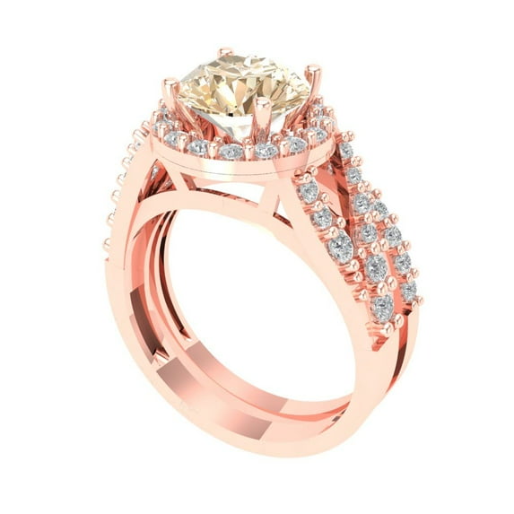2.32 ct Brilliant Round Cut Natural Morganite 14K Rose Gold Halo Solitaire with Accents Engagement Bridal Wedding Ring Band Set size 9.75
