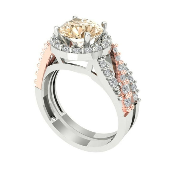 2.32 ct Brilliant Round Cut Natural Morganite 18K White/Rose Gold Halo Solitaire with Accents Engagement Bridal Wedding Ring Band Set size 10.25