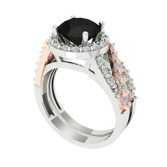 2.32 ct Brilliant Round Cut Natural Onyx 14k White/Rose Gold Halo Solitaire with Accents Engagement Bridal Wedding Ring Band Set size 7.5