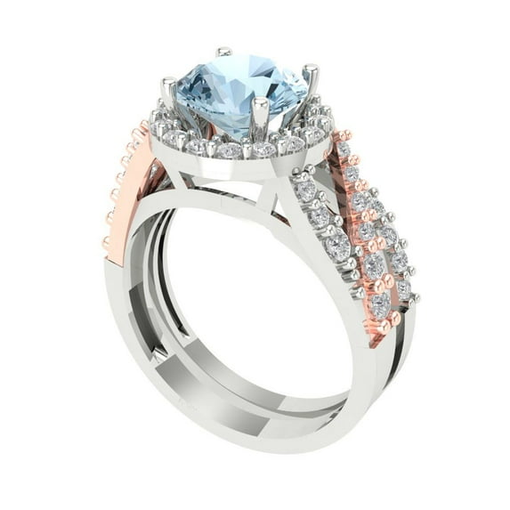 2.32 ct Brilliant Round Cut Natural Sky Blue Topaz 18K White/Rose Gold Halo Solitaire with Accents Engagement Bridal Wedding Ring Band Set size 4