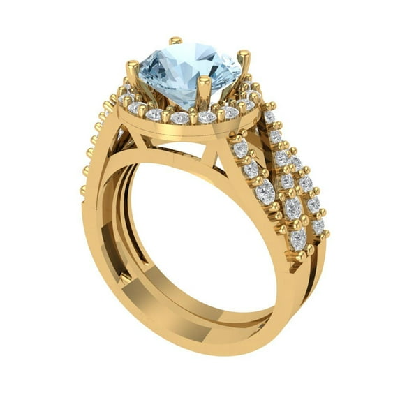 2.32 ct Brilliant Round Cut Natural Swiss Blue Topaz 14K Yellow Gold Halo Solitaire with Accents Engagement Bridal Wedding Ring Band Set size 8.5
