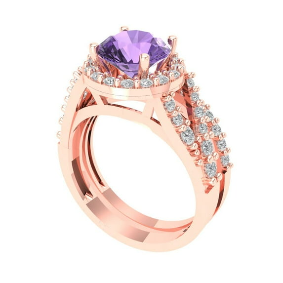 2.32 ct Brilliant Round Cut Alexandrite 14K Rose Gold Halo Solitaire with Accents Engagement Bridal Wedding Ring Band Set size 9.25