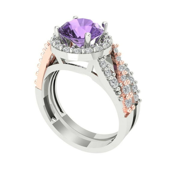 2.32 ct Brilliant Round Cut Alexandrite 18K White/Rose Gold Halo Solitaire with Accents Engagement Bridal Wedding Ring Band Set size 3.5