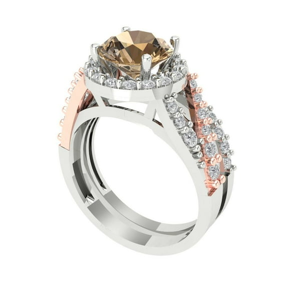 2.32 ct Brilliant Round Cut Champagne 18K White/Rose Gold Halo Solitaire with Accents Engagement Bridal Wedding Ring Band Set size 3.5