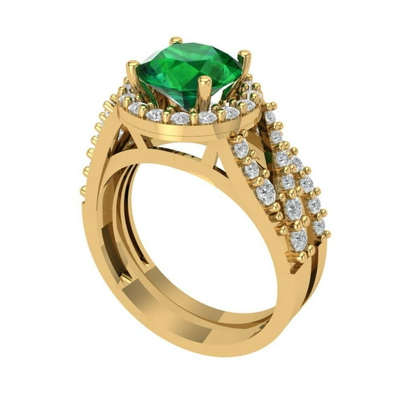 2.32 ct Brilliant Round Cut Emerald 18K Yellow Gold Halo Solitaire with Accents Engagement Bridal Wedding Ring Band Set size 6.75