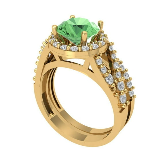 2.32 ct Brilliant Round Cut Green Zircon 18K Yellow Gold Halo Solitaire with Accents Engagement Bridal Wedding Ring Band Set size 4