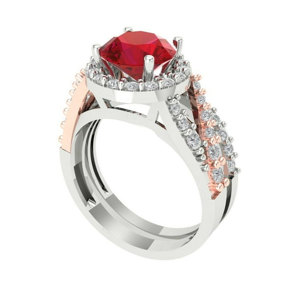 2.32 ct Brilliant Round Cut Pink Tourmaline 18K White/Rose Gold Halo Solitaire with Accents Engagement Bridal Wedding Ring Band Set size 3.75