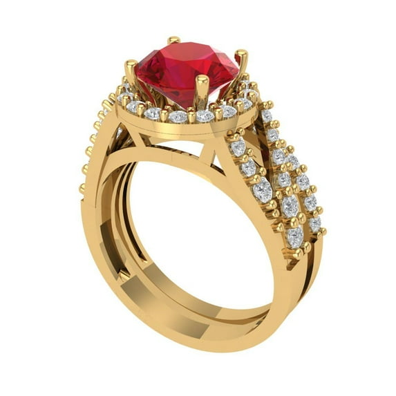 2.32 ct Brilliant Round Cut Ruby 14K Yellow Gold Halo Solitaire with Accents Engagement Bridal Wedding Ring Band Set size 5