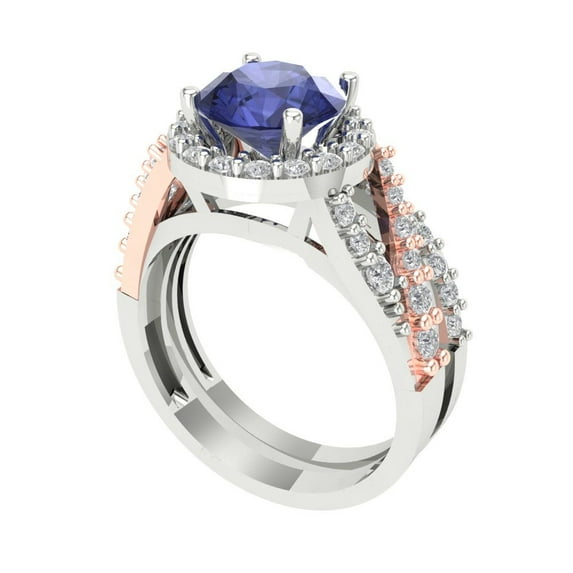 2.32 ct Brilliant Round Cut Tanzanite 14k White/Rose Gold Halo Solitaire with Accents Engagement Bridal Wedding Ring Band Set size 8.5