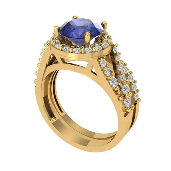 2.32 ct Brilliant Round Cut Tanzanite 18K Yellow Gold Halo Solitaire with Accents Engagement Bridal Wedding Ring Band Set size 8