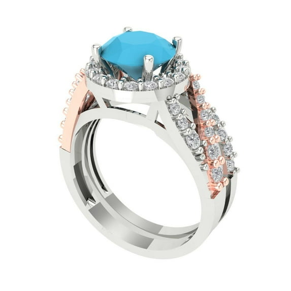 2.32 ct Brilliant Round Cut Turquoise 18K White/Rose Gold Halo Solitaire with Accents Engagement Bridal Wedding Ring Band Set size 6.25
