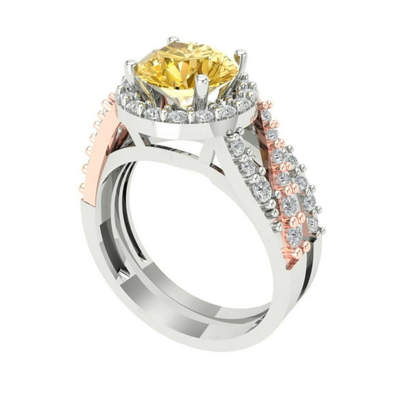 2.32 ct Brilliant Round Cut Yellow Zircon 18K White/Rose Gold Halo Solitaire with Accents Engagement Bridal Wedding Ring Band Set size 5.25