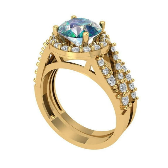 2.32 ct Brilliant Round Cut Blue Moissanite 14K Yellow Gold Halo Solitaire with Accents Engagement Bridal Wedding Ring Band Set size 5.75