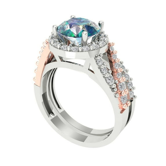 2.32 ct Brilliant Round Cut Blue Moissanite 18K White/Rose Gold Halo Solitaire with Accents Engagement Bridal Wedding Ring Band Set size 6.75