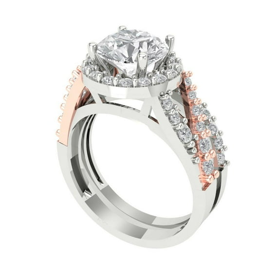 2.32 ct Brilliant Round Cut White Sapphire 14k White/Rose Gold Halo Solitaire with Accents Engagement Bridal Wedding Ring Band Set size 6.25