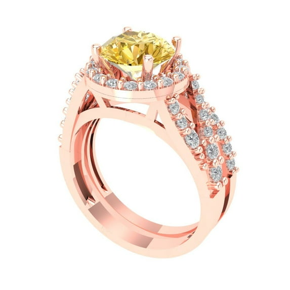 2.32 ct Brilliant Round Cut Yellow Moissanite 14K Rose Gold Halo Solitaire with Accents Engagement Bridal Wedding Ring Band Set size 11
