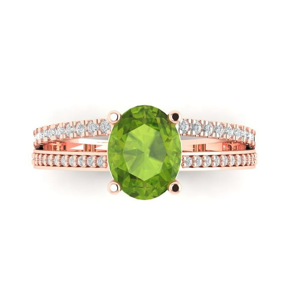 2.32 ctw Solitaire with Zirconia Diamond Accents Anniversary Ring for Women | Oval Cut Natural Peridot | Hyperallergenic Solid 14K Rose Gold
