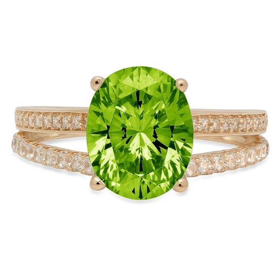 2.32 ct Oval Cut Natural Peridot Solitaire with Simulated Diamond Accents 18K Yellow Gold Womens Engagement Ring