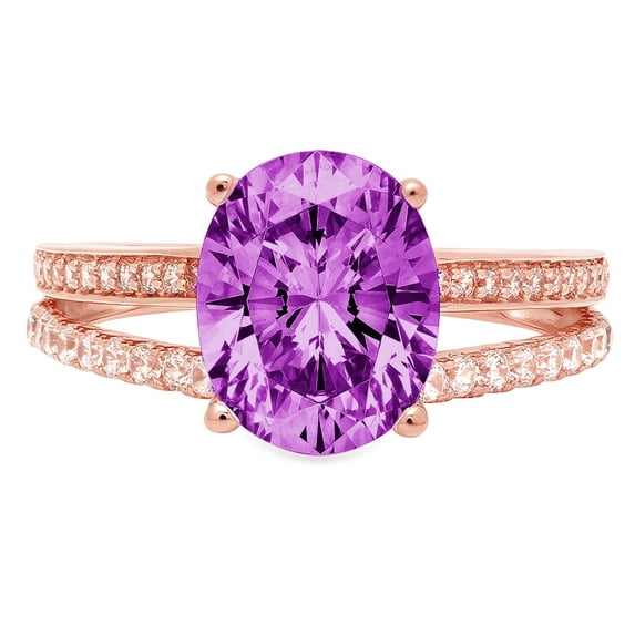 2.32 ct Oval Cut Simulated Alexandrite Solitaire with Simulated Diamond Accents 14K Rose Gold Womens Engagement Ring