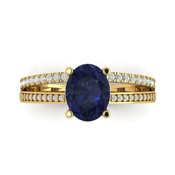 2.32 ct Oval Cut Simulated Blue Sapphire Solitaire with Simulated Diamond Accents 18K Yellow Gold Womens Engagement Ring