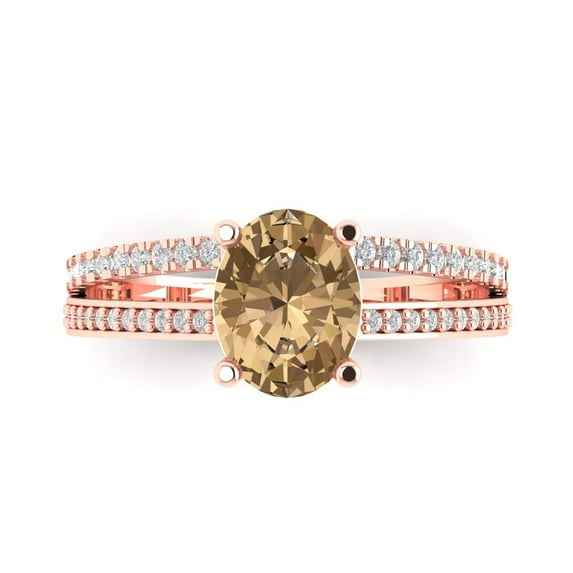 Clara Pucci 14K Rose Gold Solid Gold Champagne Solitaire with Accents Anniversary Ring for Women - 2.32 cttw Oval Cut