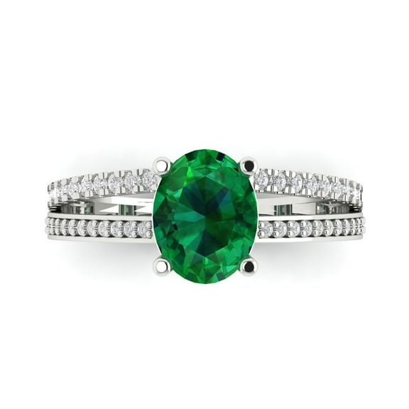 2.32 ct Oval Cut Simulated Emerald Solitaire with Accents Engagement Ring for Women in 14K White Gold