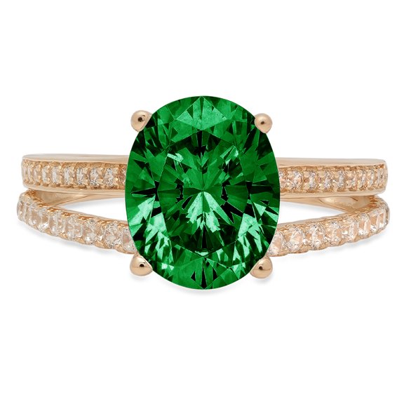2.32 ct Oval Cut Simulated Emerald Solitaire with Simulated Diamond Accents 14K Yellow Gold Womens Engagement Ring