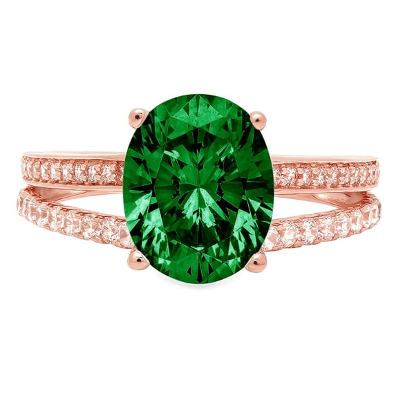 2.32 ct Oval Cut Simulated Emerald Solitaire with Simulated Diamond Accents 18K Rose Gold Womens Engagement Ring