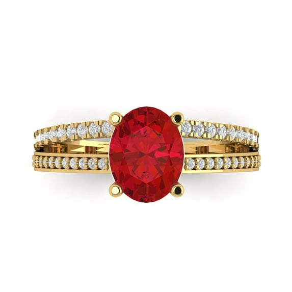 2.32 ct Oval Cut Simulated Ruby Solitaire with Simulated Diamond Accents 18K Yellow Gold Womens Engagement Ring
