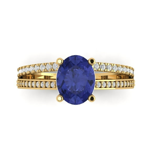 2.32 ct Oval Cut Simulated Tanzanite Solitaire with Simulated Diamond Accents 14K Yellow Gold Womens Engagement Ring