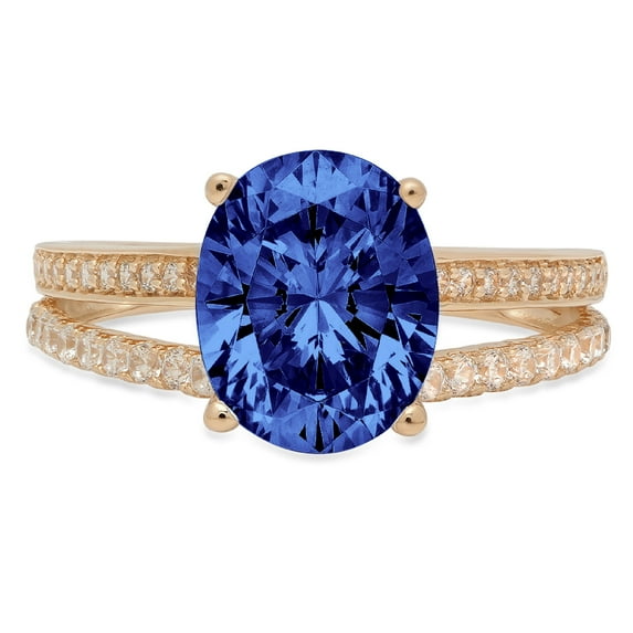 2.32 ct Oval Cut Simulated Tanzanite Solitaire with Simulated Diamond Accents 14K Yellow Gold Womens Engagement Ring