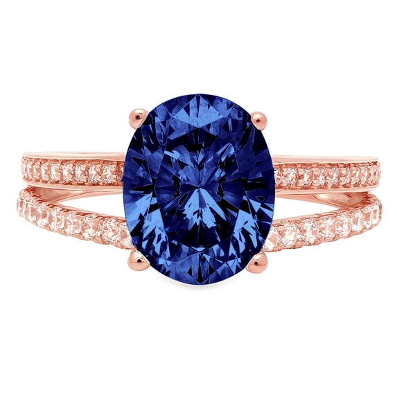 2.32 ct Oval Cut Simulated Tanzanite Solitaire with Simulated Diamond Accents 18K Rose Gold Womens Engagement Ring