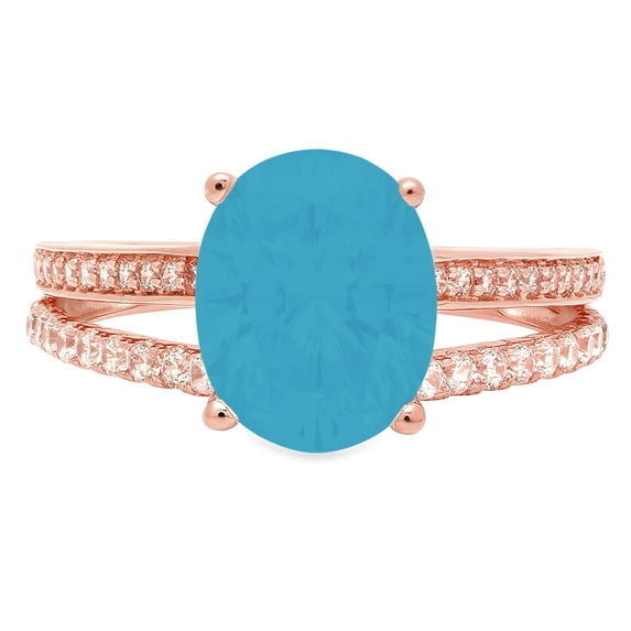 2.32 ct Oval Cut Simulated Turquoise Solitaire with Simulated Diamond Accents 18K Rose Gold Womens Engagement Ring