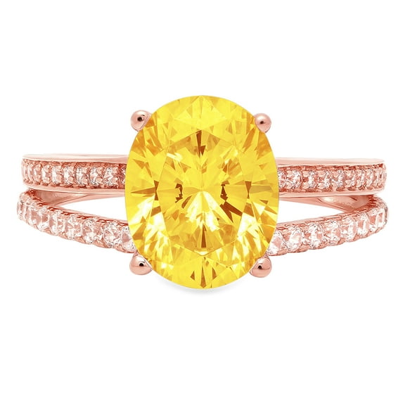 2.32 ct Oval Cut Simulated Yellow Diamond Solitaire with Simulated Diamond Accents 18K Rose Gold Womens Engagement Ring