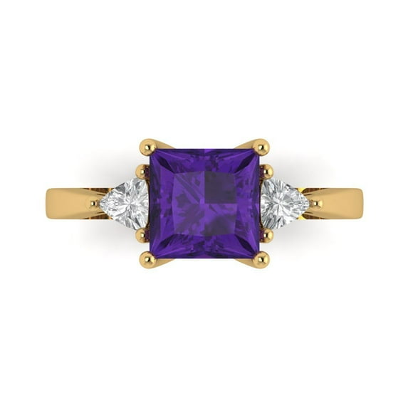 2.32 ctw 3 Stone Anniversary Ring for Women | Princess Cut Natural Amethyst | Hyperallergenic Solid 14K Yellow Gold