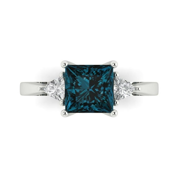 2.32 ctw 3 Stone Anniversary Ring for Women | Princess Cut Natural London Blue Topaz | Hyperallergenic Solid 14K White Gold