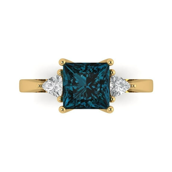 2.32 ctw 3 Stone Anniversary Ring for Women | Princess Cut Natural London Blue Topaz | Hyperallergenic Solid 14K Yellow Gold